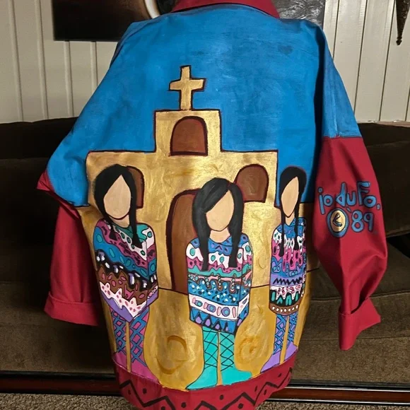 Jo Dufo ~1989 ~Hand-Painted Red/Multi-Colors Native American Indian Large Jacket